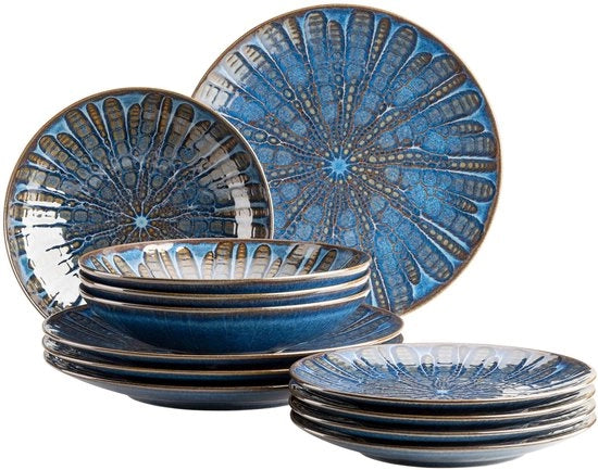 Set da tavola per 4 persone con piatto da portata, piatto da zuppa e piatto da dessert, servizio da 12 pezzi in ceramica di alta qualità, pietra e blu.