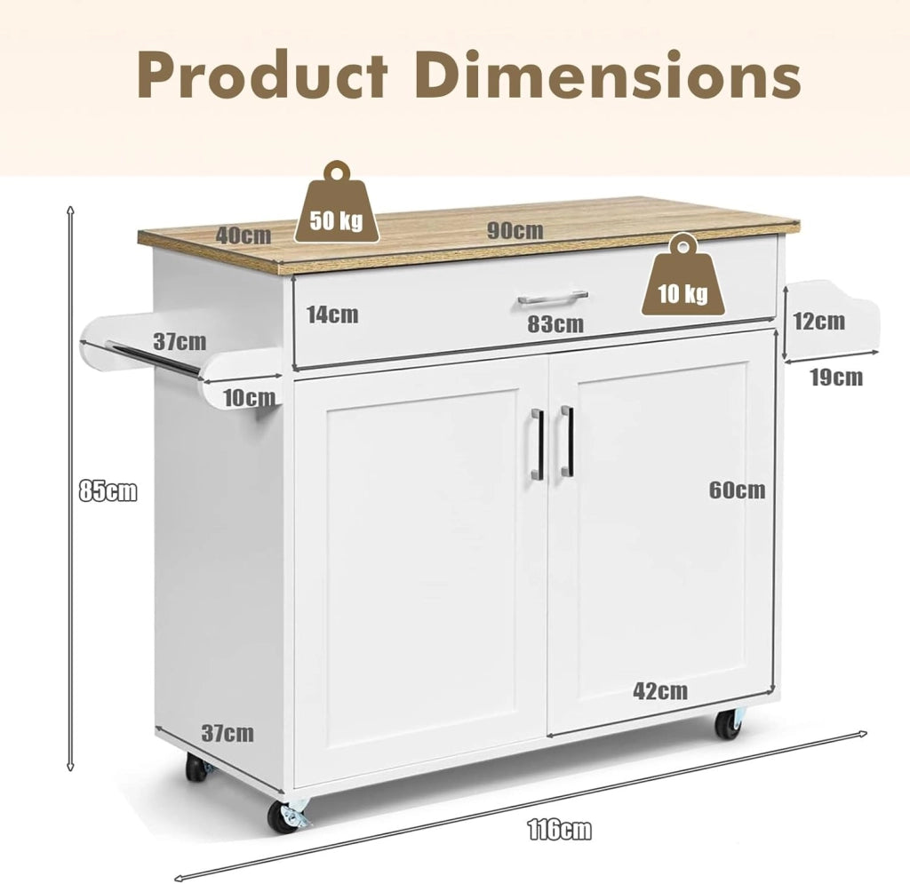 Carrello da Cucina con Ruote di Gomma, Isola Cucina con Cassetto e Ripiano Regolabile, Mobile Credenza Salvaspazio Porta Microonde, Portaspezie, Portasciugamani, 116 x 40 x 85 cm (Bianco)