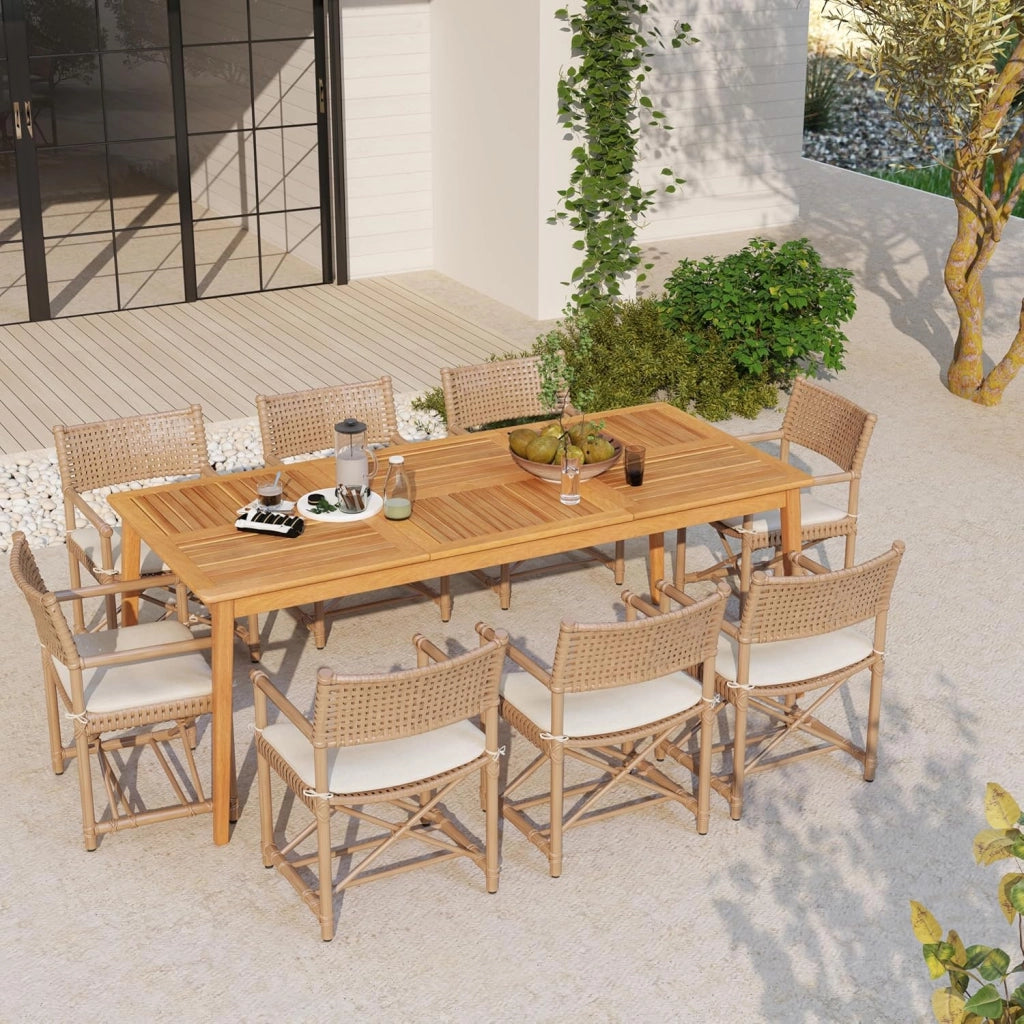 Tavolo da pranzo per 8 persone, tavolo da giardino in legno di acacia con foro di 5 cm, per cortile, veranda e giardino, resistente alle intemperie (200 x 90 cm)