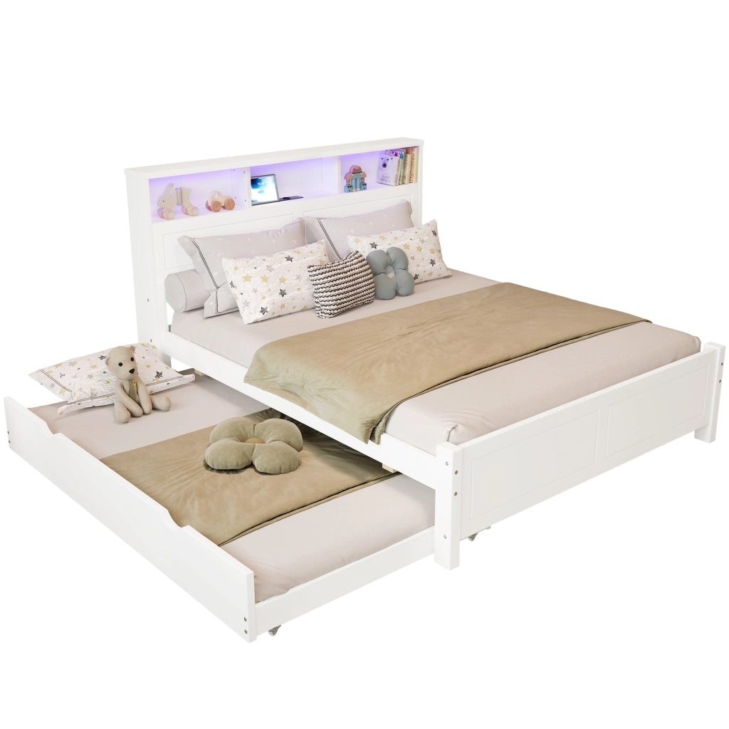 Letto Combinato 120x200 cm e 90x190 cm; Letto Matrimoniale - Estraibile; USB e LED - Bianco
