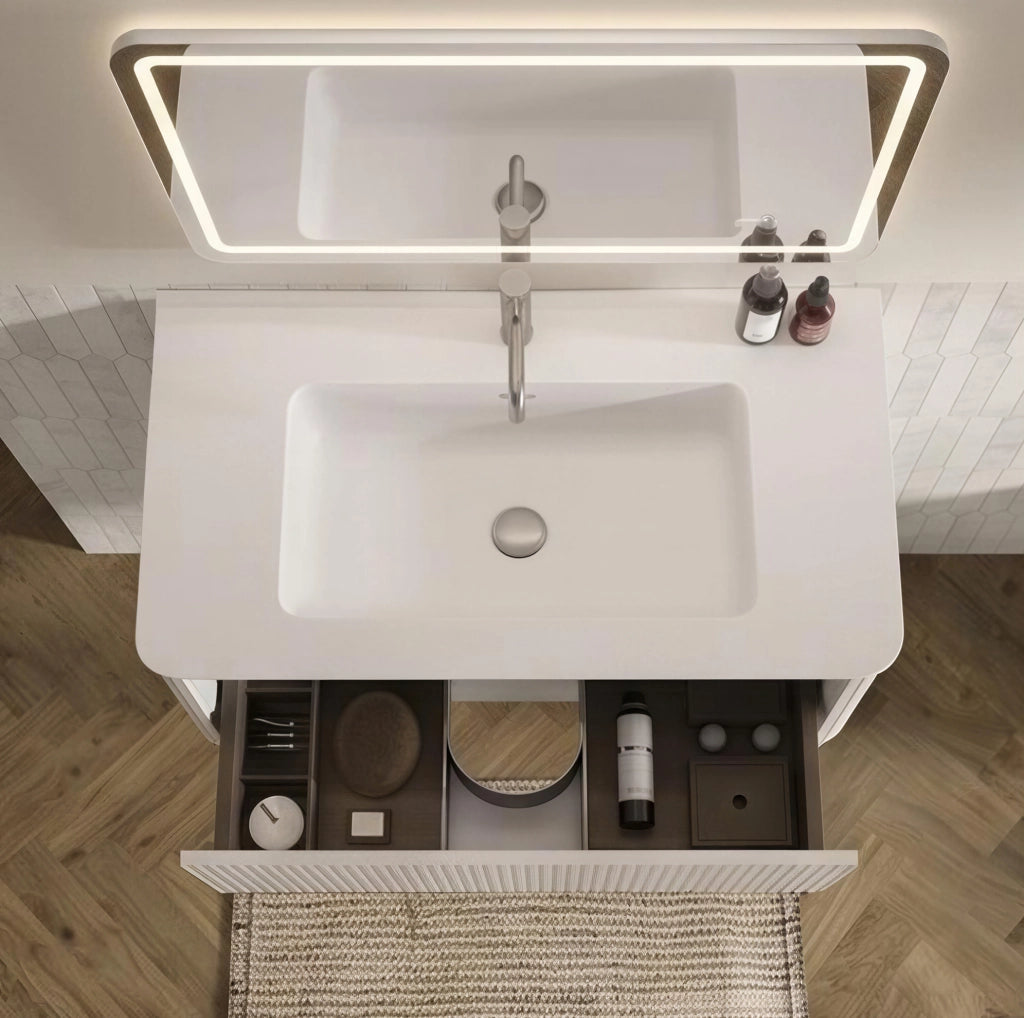 Set mobili bagno ULEVR bianco con lavabo, specchio LED regolabile antiappannamento e colonna sospesa