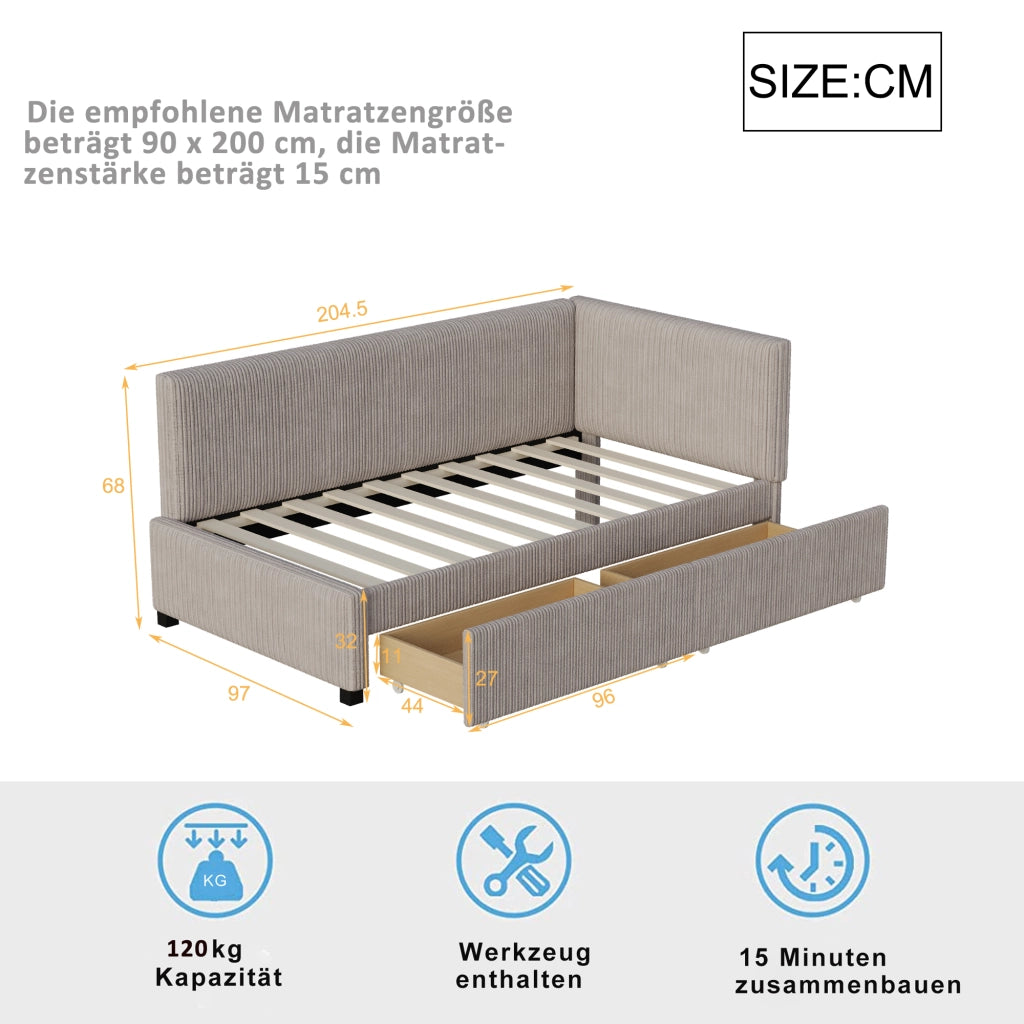 Letto divano 90 × 200 cm con 2 cassetti portaoggetti, senza materasso, in tessuto imbottito, grigio