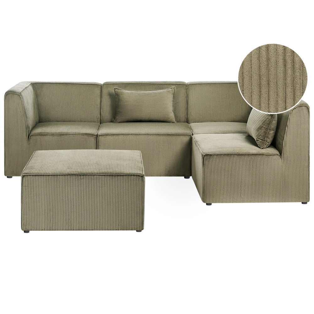 Divano modulare lato sinistro 4 posti con Ottomana in Velluto a coste verde design moderno soggiorno
