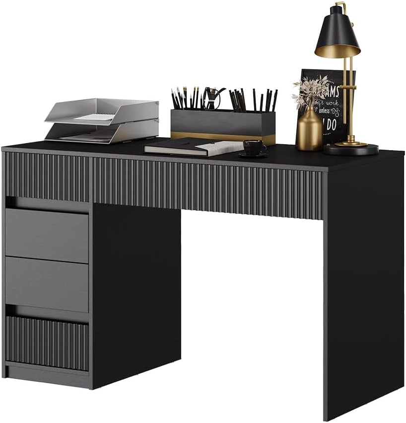 Scrivania Omira, Nero, 120 x 55 cm con 5 cassetti, adatto come postazione di lavoro per home office e studio