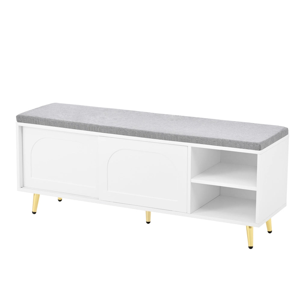 Mobile da ingresso con seduta imbottita, ante rimovibili e ripiani, per ingresso e camera da letto, bianco, 121 × 35 × 49 cm