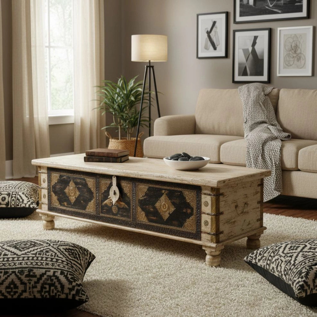 Baule in legno beige fatto a mano 150x45x45h cm