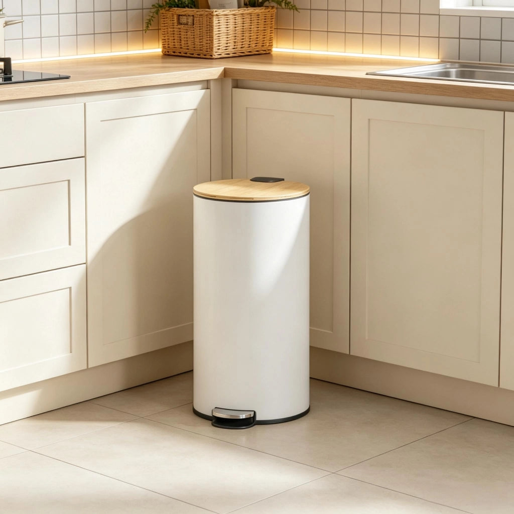 Pattumiera da cucina da 30 litri, con pedale, contenitore interno removibile e coperchio con chiusura ammortizzata.