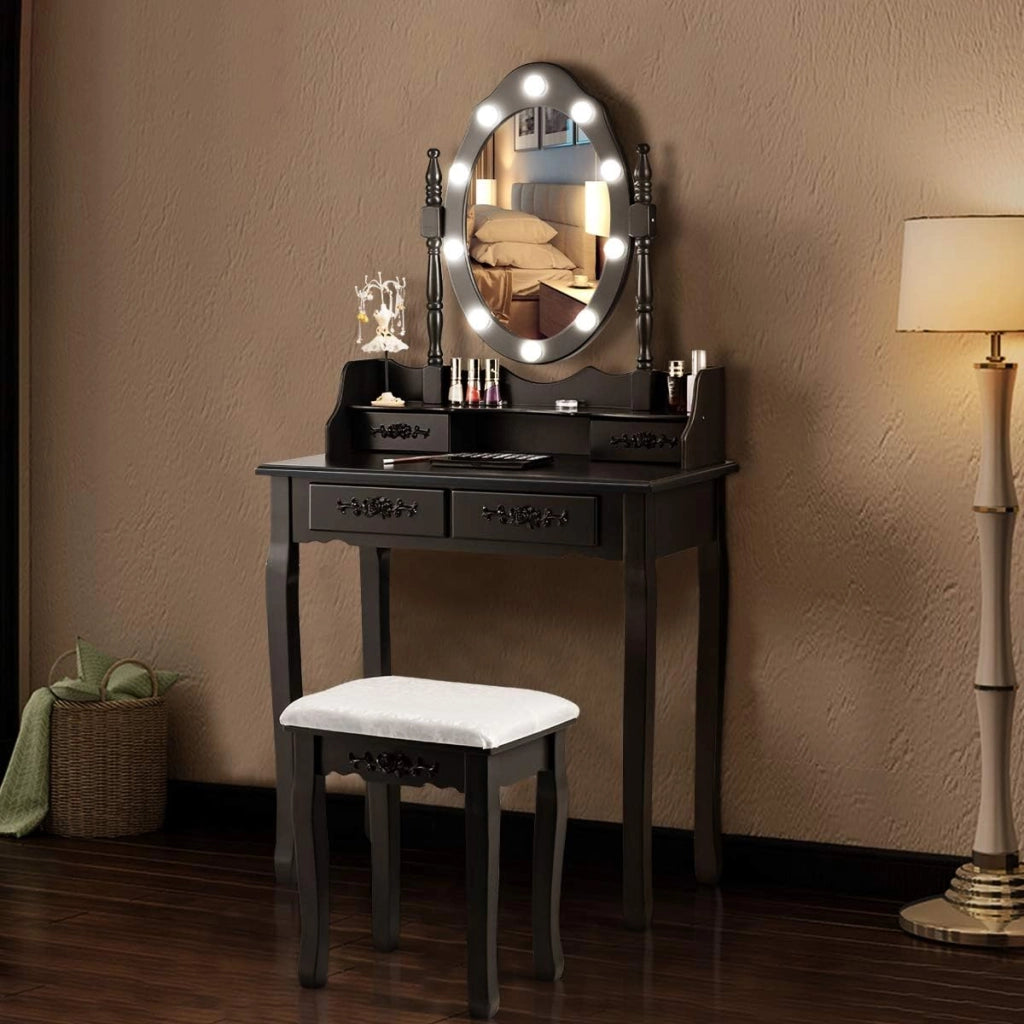 Toeletta Trucco, Postazione Trucco in Legno con Sgabello, 4 Cassetti e Specchiera Rimovibile Girevole a 360° con 10 LED Dimmerabili, Portata di 100+25 kg, 75x40x146cm (Nero)