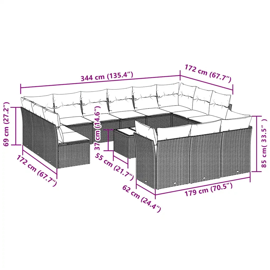 Set Divani da Giardino 14pz con Cuscini in Polyrattan Nero 3250295