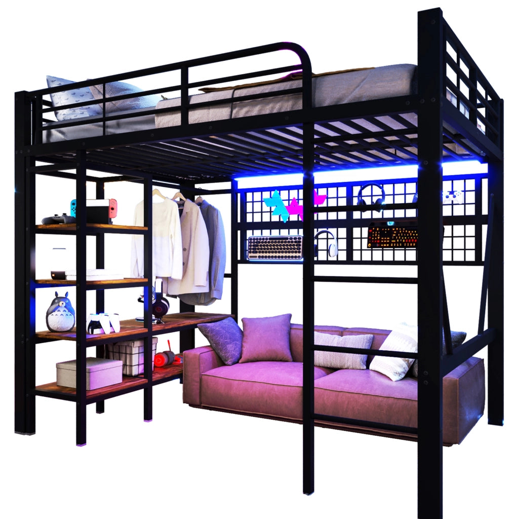 Letto a soppalco 140x200 cm in metallo e MDF con LED