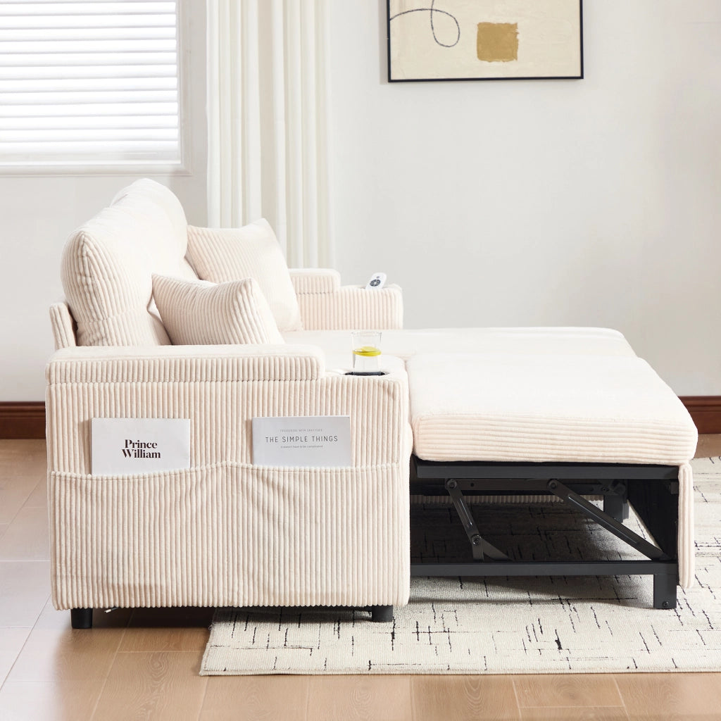 Divano 3 posti in tessuto corduroy beige con chaise longue idraulica; letto estraibile e USB-C