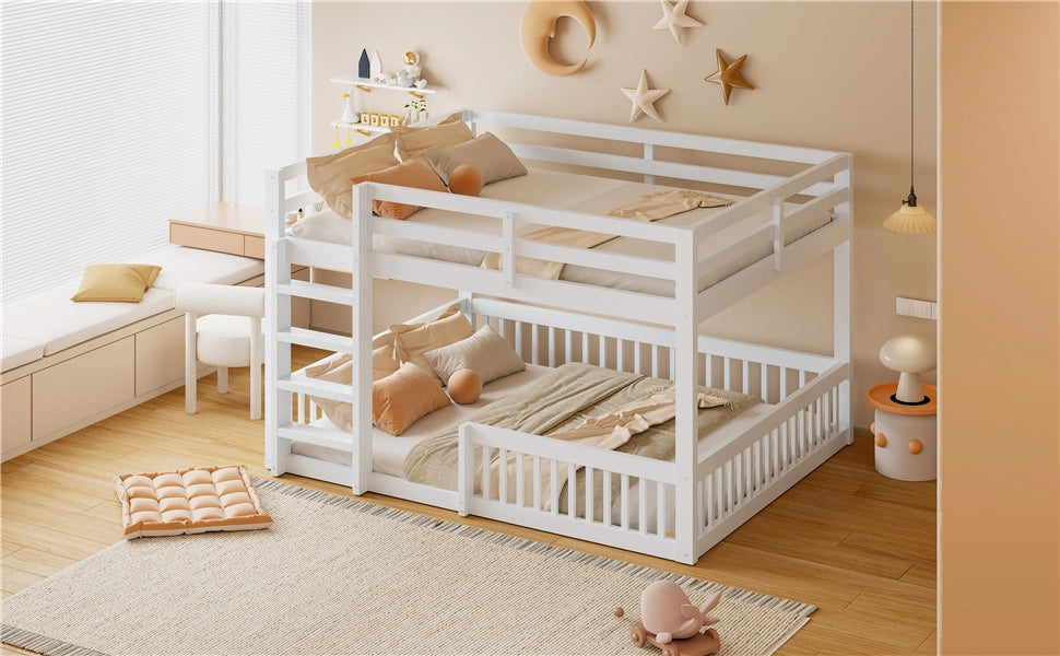 DESMIU Letto a castello 4 posti con sponde, 160 × 200 cm e 160 × 200 cm, senza materasso, in MDF e pino, bianco