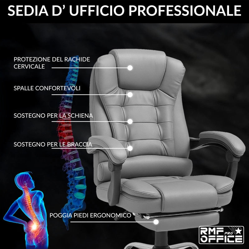 RMF Sedia Ufficio Ergonomica Professionale Reclinabile, Sedia Scrivania Seduta Comoda e Rilassante con Poggiapiedi - Poltrona Relax con Ruote Girevoli Altezza Regolabile Grigio