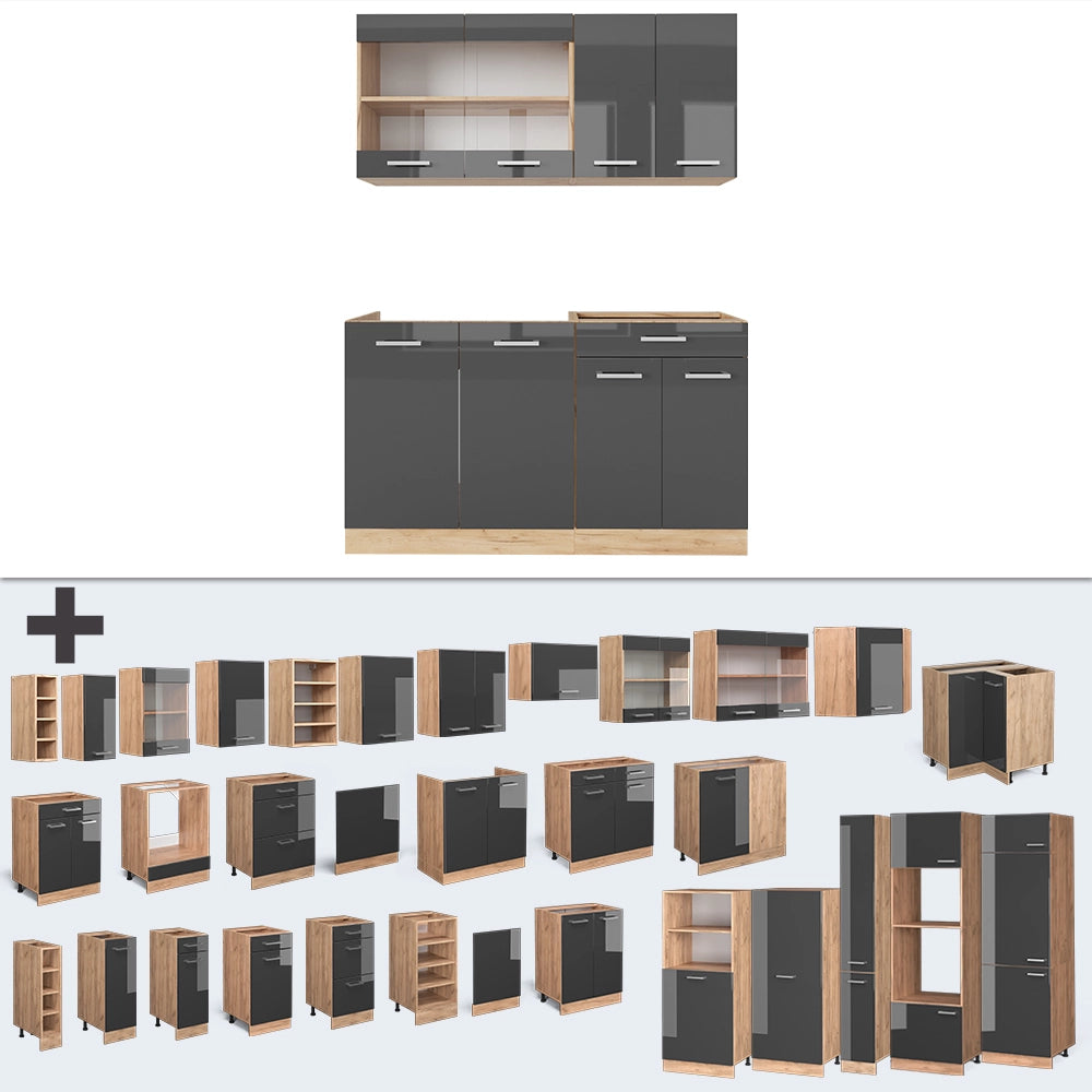 Vicco Cucina completa Antracite lucido/oro power oak 140 cm senza piano di lavoro