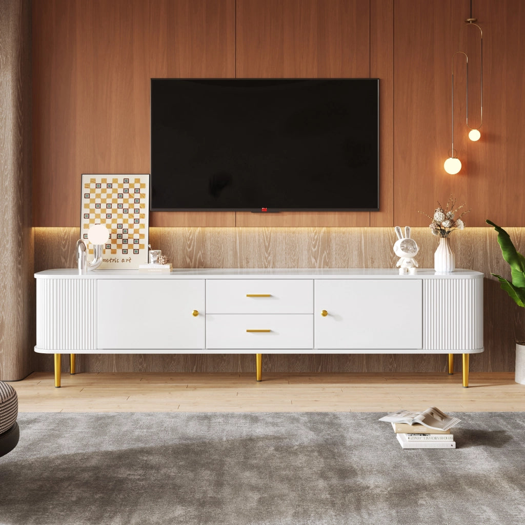 Mobile TV con 2 Ante e 2 Cassetti; Angoli Arrotondati; Fianchi Ondulati; Gambe Dorate; in MDF; Bianco; 170??34??45 cm
