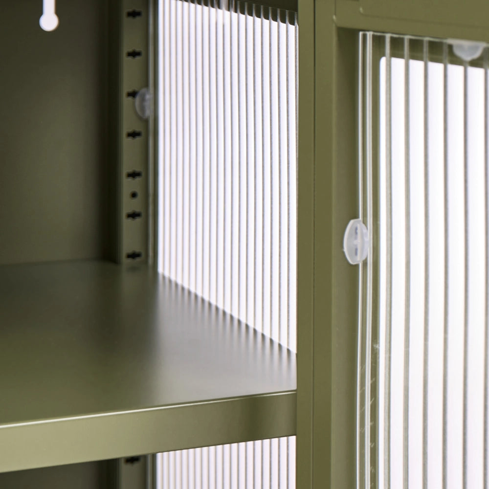 Credenza a 3 ante in metallo verde e vetro con ripiani 115 x 35