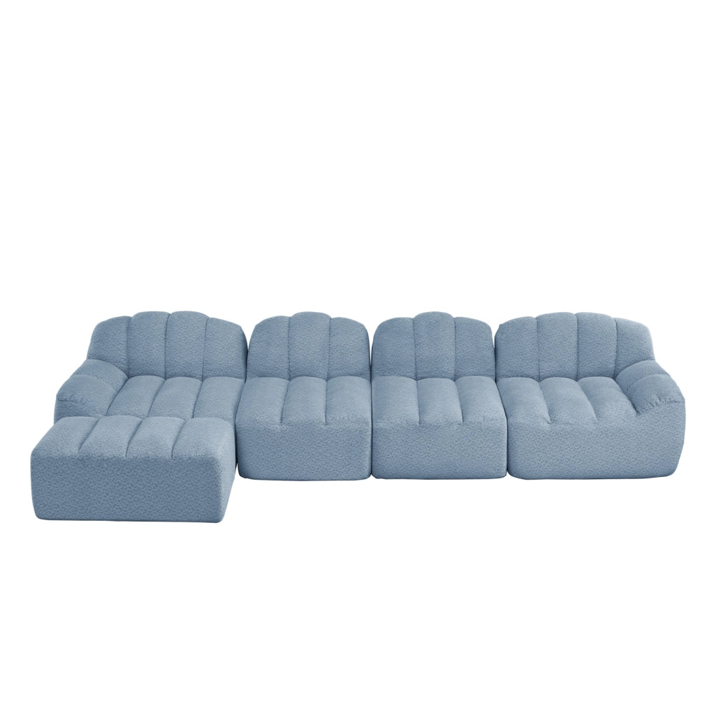 Divano modulare 4 posti con ottomana collegabile; 366x165x79 cm; pile granulato blu