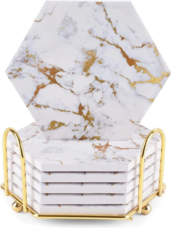 Set di 6 sottopiani in marmo per bicchieri, assorbenti con fondo di quarzo, sottopiani per bicchieri a sei lati per tavolo in legno con supporto in metallo, sottopiani per tazze in ceramica dorata per arredamento rurale (set da 6)