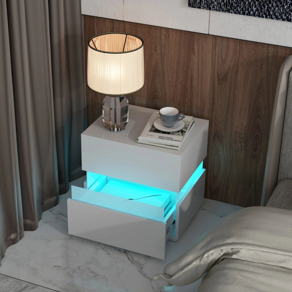 Comodino a LED con cassetti telecomando 22 modalit¨¤ di luce 10 velocit¨¤, Tavolino laterale moderno da salotto Bianco