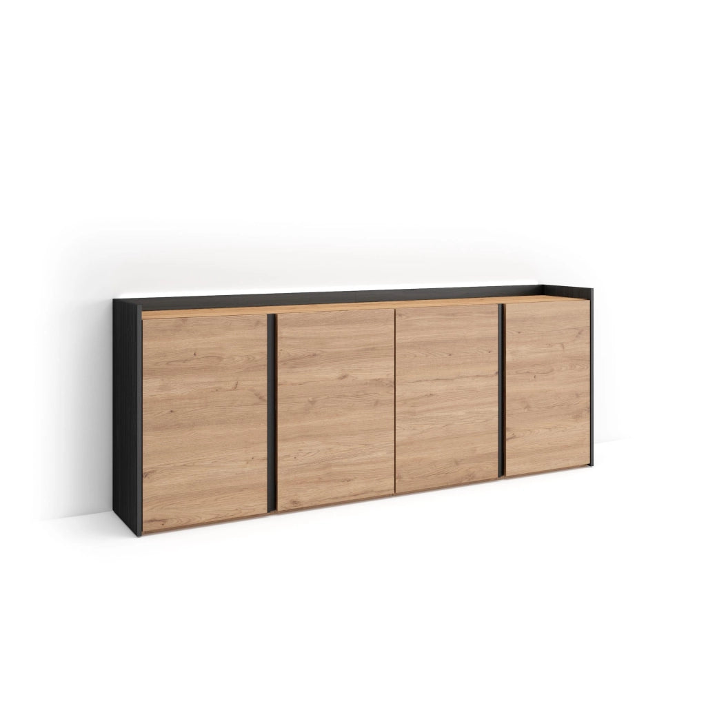 Credenza, Mobile, Cucina, 207x80x35 cm, 4 Porte, LED, Rovere e nero