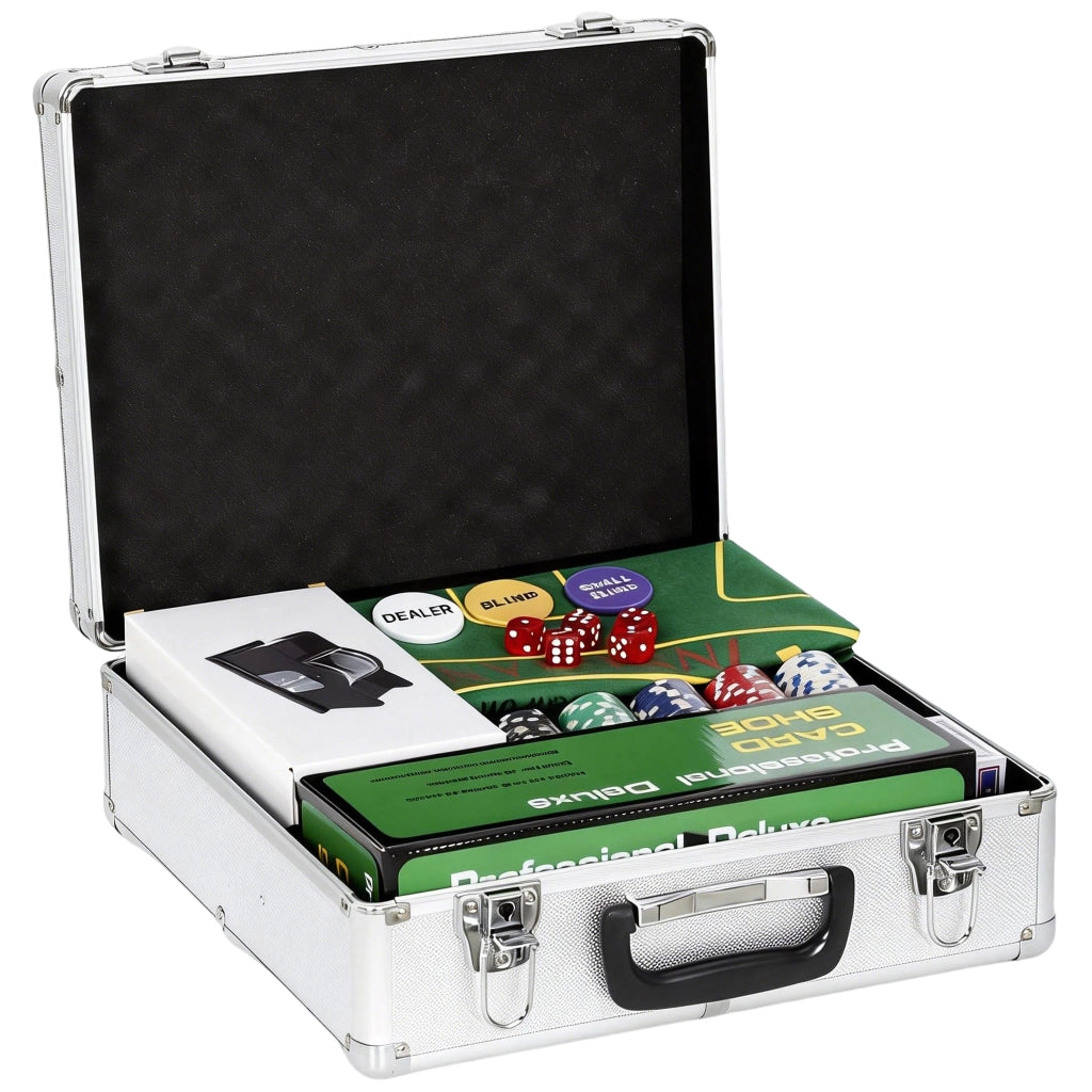 Set da Poker Completo con 500 Fiches Mescolatore di Carte Distributore di Carte Tappetino 5 Dadi Argento