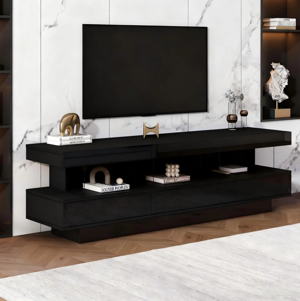 Mobile TV nero lucido 160 cm con LED Bluetooth e 3 vani in vetro