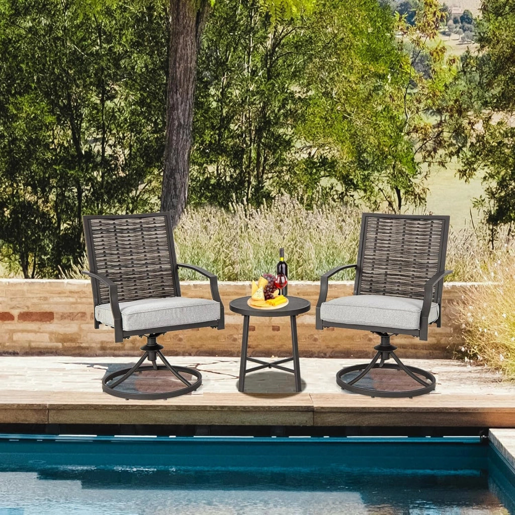Set da giardino, 3 pezzi, in vimini, per 2 persone, per soggiorno, giardino, con 2 sedie girevoli, 2 cuscini spessi, tavolino, telaio in metallo, set da bistrot per terrazza, giardino, balcone