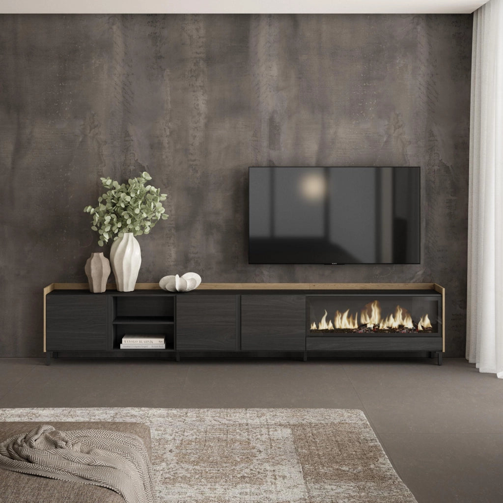 Mobile TV Soggiorno, 315x61x35 cm, Per TV fino a 80", Camino elettrico XXL, Design industriale, Nero e rovere