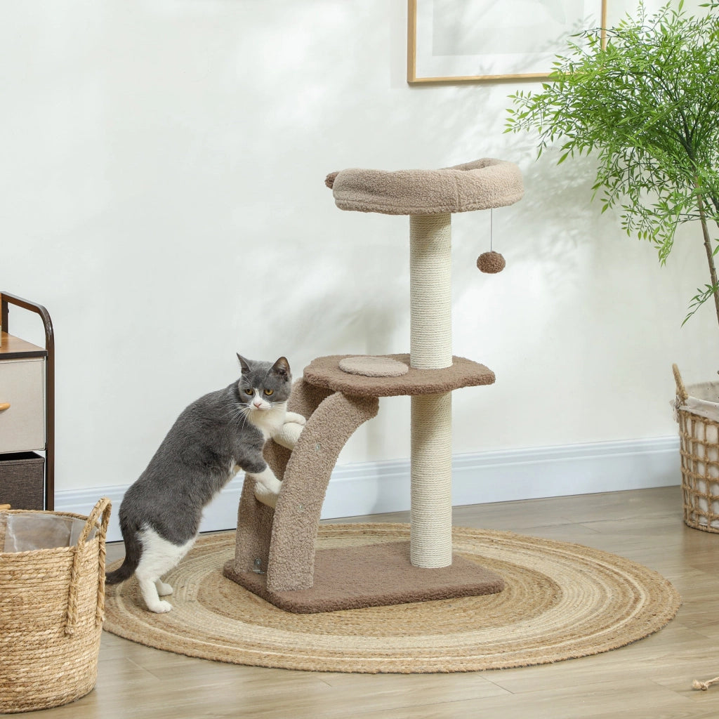 Albero Tiragraffi per Gatti 3 Livelli 48x40x88 cm Cuccia Rialzata in Juta e Peluche Bianco e Marrone