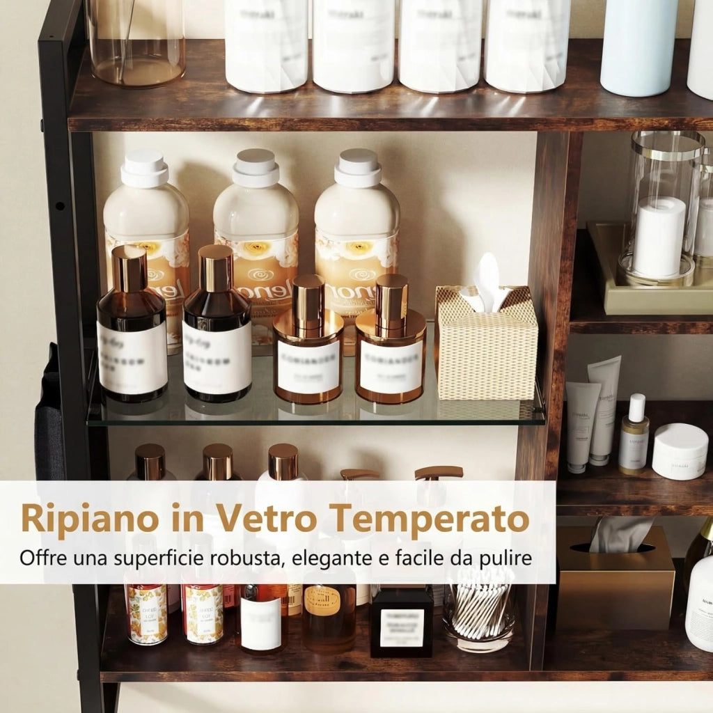 Mensola da Parete 107 cm, Scaffale a 6 Livelli con 8 Ganci a S e Tasca Laterale Rimovibile, Espositori per Bar Cucina Salotto Bagno