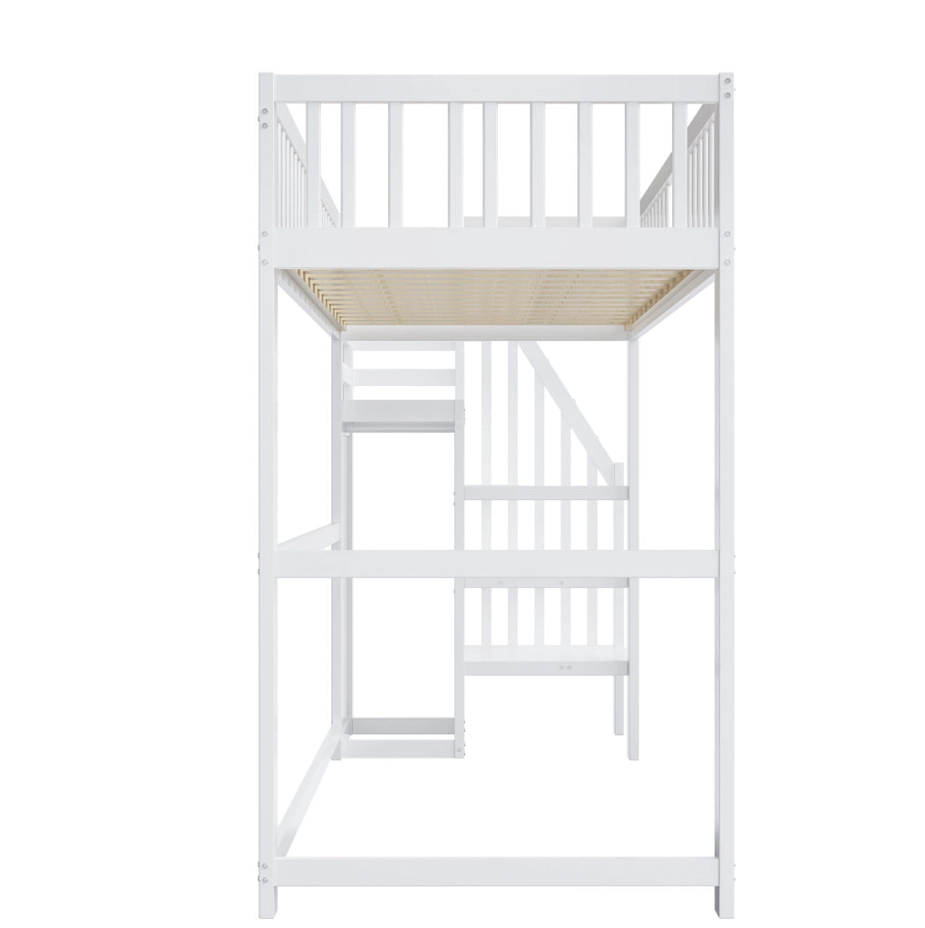 Hochbett singolo 90x200 cm in legno bianco con scala sicura e armadio integrato