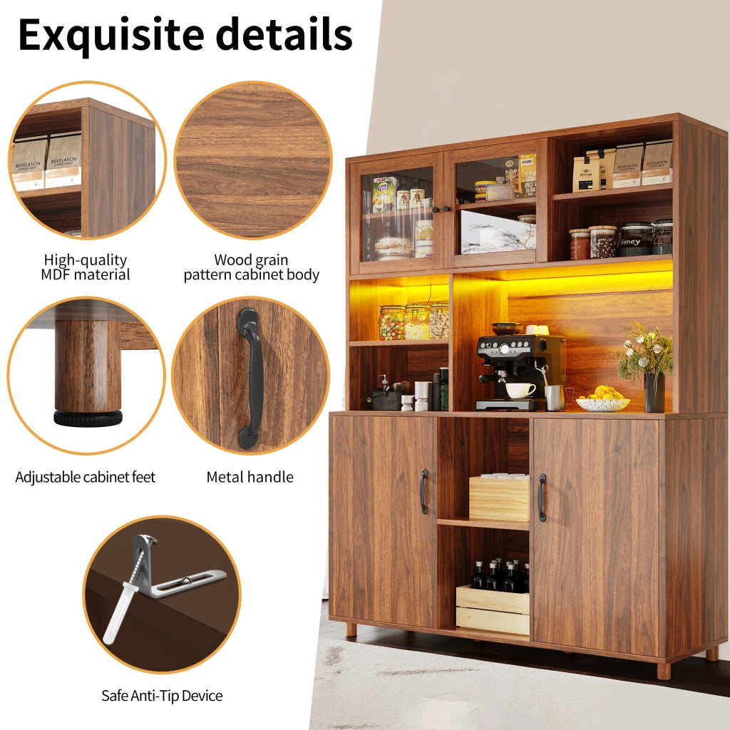 OKWISH Credenza Alta con 2 Ante Scorrevoli e 3 Ripiani Regolabili, LED e USB, per Cucina, MDF, Noce, 140×40×185 cm