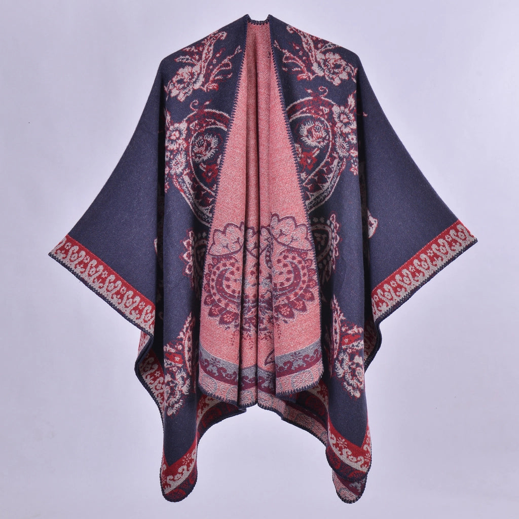 Nuovo scialle/mantella in jacquard di cashmere alla moda con spacchi, spesso e ampio, da donna.