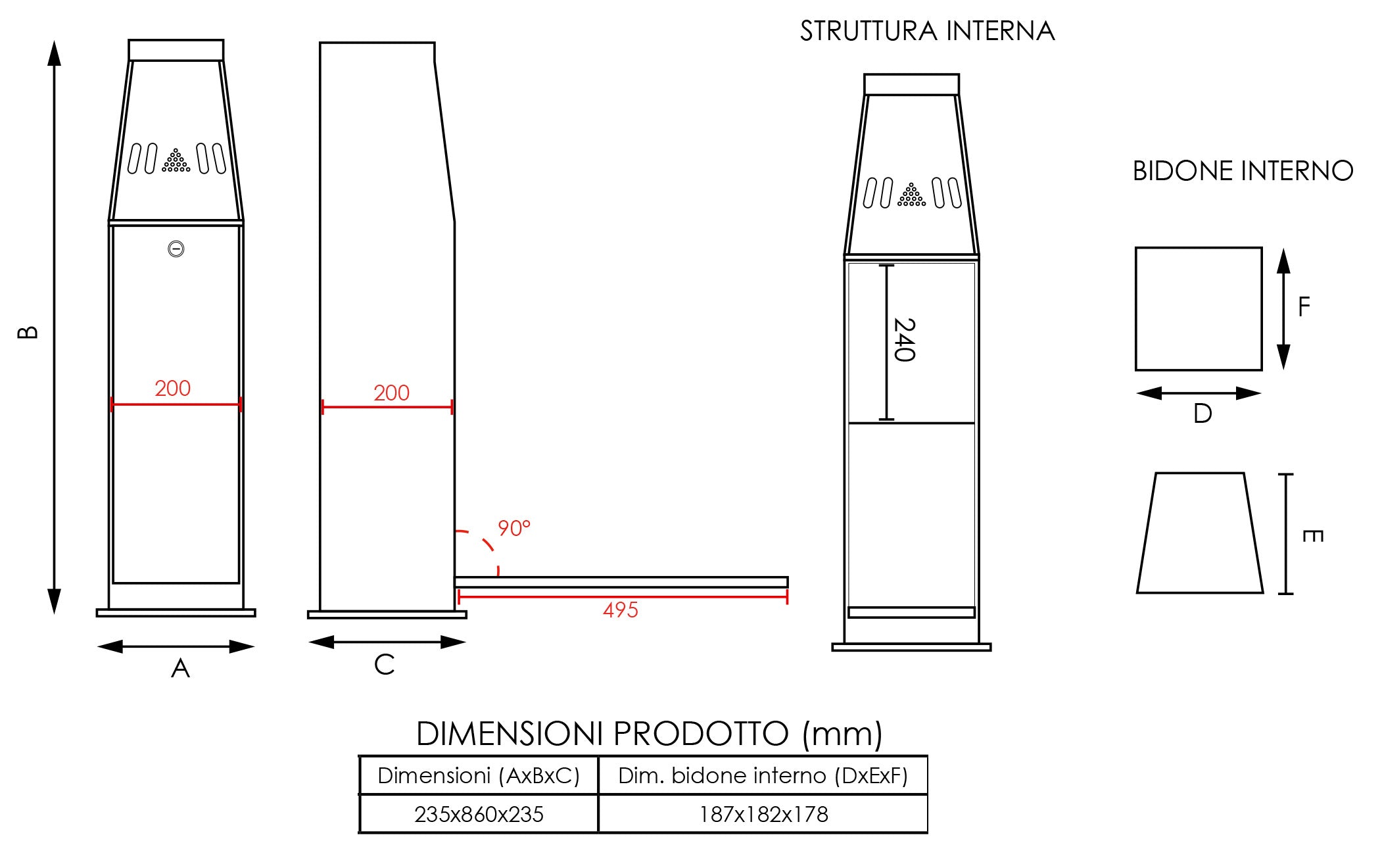 Posacenere a Colonna 23,5x86x23,5 cm in Metallo Nero 5L per Interno Esterno