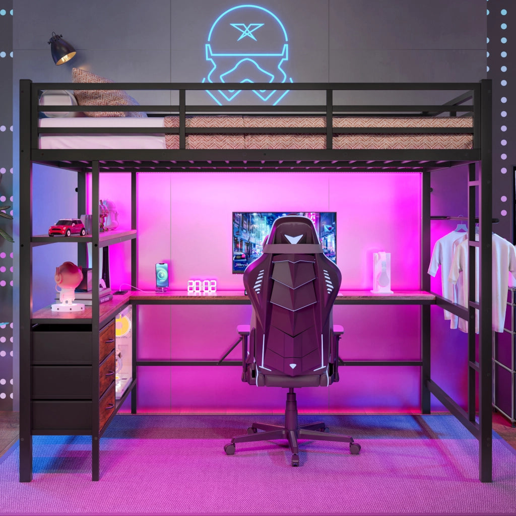 OKWISH Letto a soppalco 140×200 cm, Letto Matrimoniale con LED, Scrivania, Presa, USB, 3 Cassetti, Mensole e Scala, senza Materasso, Nero