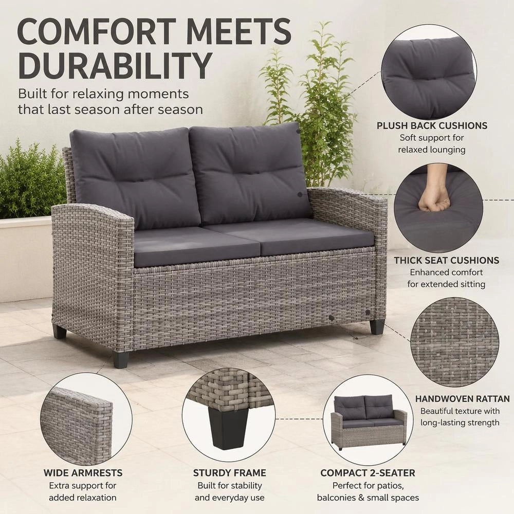 2-seater Garden Sofa With Cushions Grey 124 Cm Poly Rattan