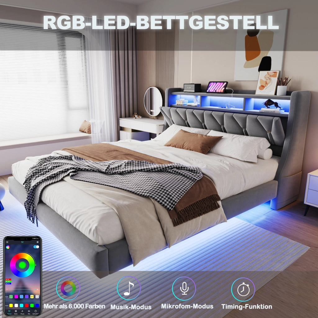 Letto imbottito matrimoniale 180×200 cm con testiera ribaltabile; USB; Type-C; LED e contenitore; senza materasso