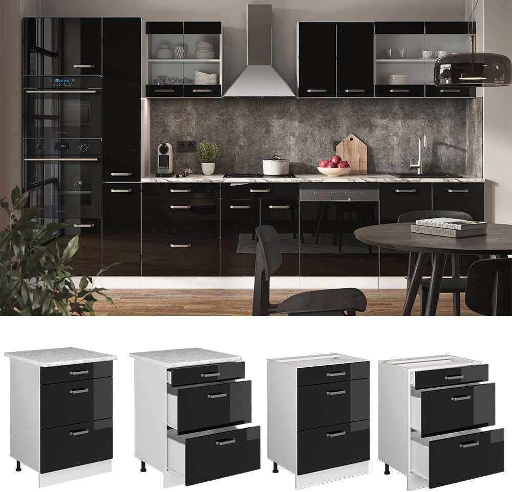 Mobiletto base per cucina R-Line, Nero lucido, 60 cm con cassetti, senza piano di lavoro, per la libera combinazione all'interno di sistemi cucina modulari