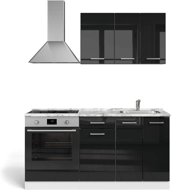 Cucina completa R-Line, Nero lucido/bianco, 160 cm con mobile forno incasso con piano di lavoro, predisposto per l'integrazione di elettrodomestici e lavello
