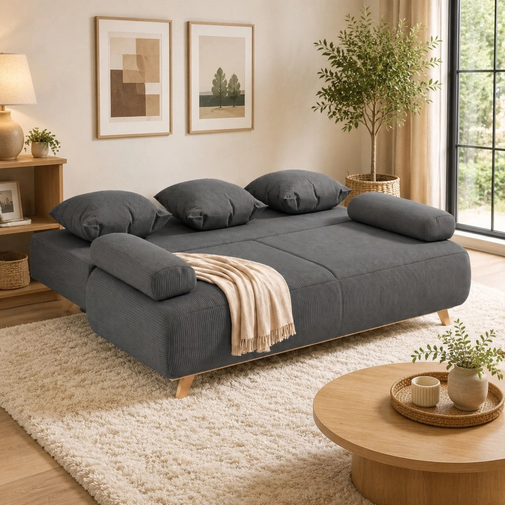 Divano letto 3 posti con contenitore e schienale regolabile; 188x140 cm; grigio