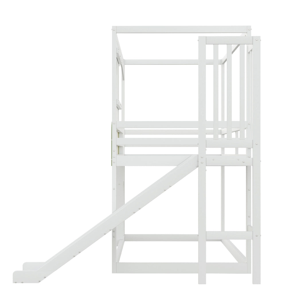 Letto a soppalco per bambini 90x200 cm con scivolo e scala; pino; compensato e MDF; bianco