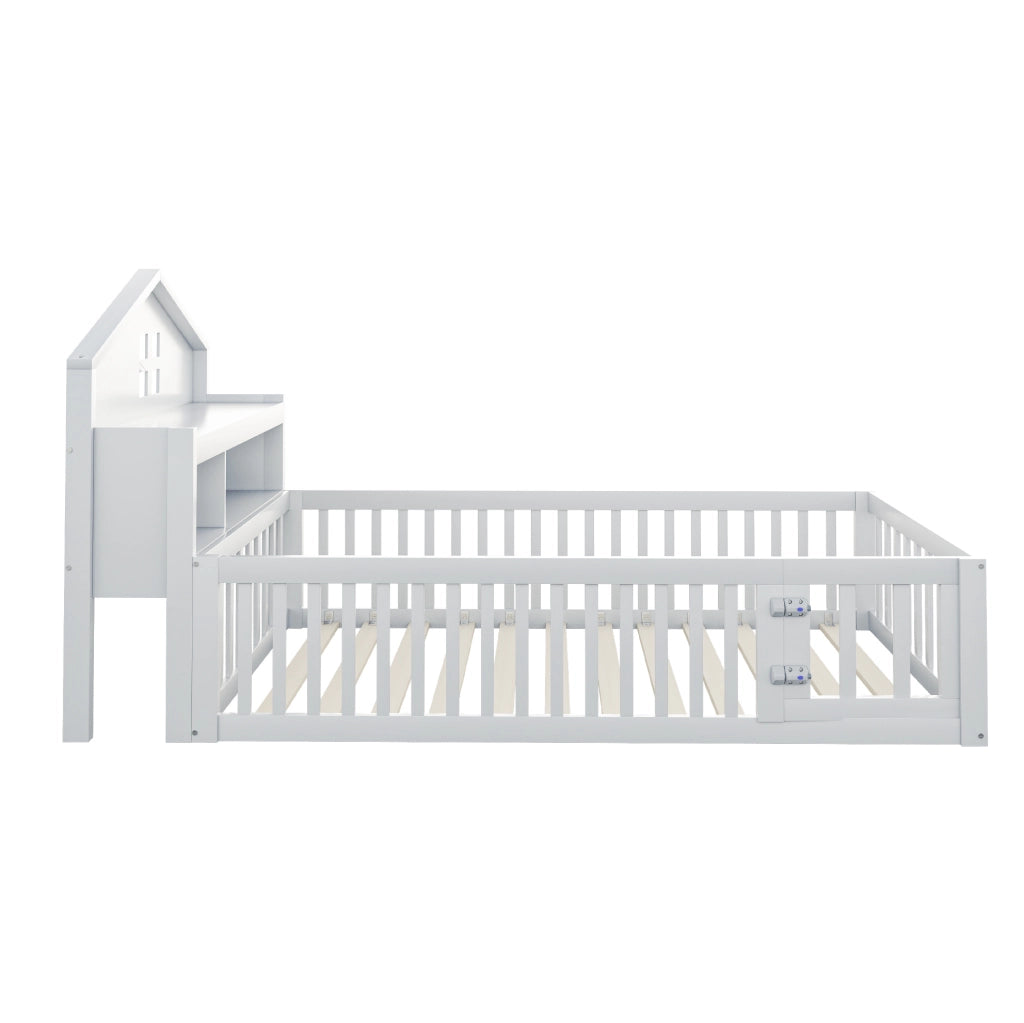 Letto per bambini a forma di casa con contenitori, sponde di sicurezza e rete a doghe