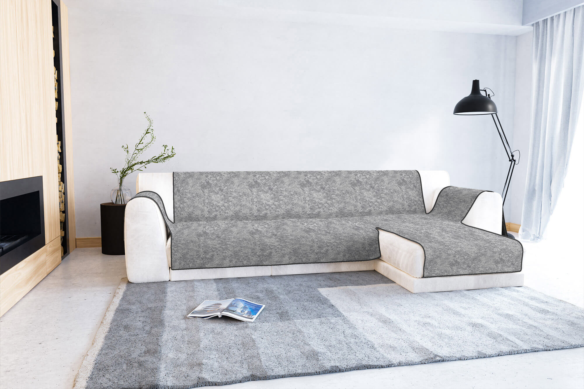 Copridivano con Penisola Destra Seduta 240 cm in Poliestere e Cotone Grigio Scuro