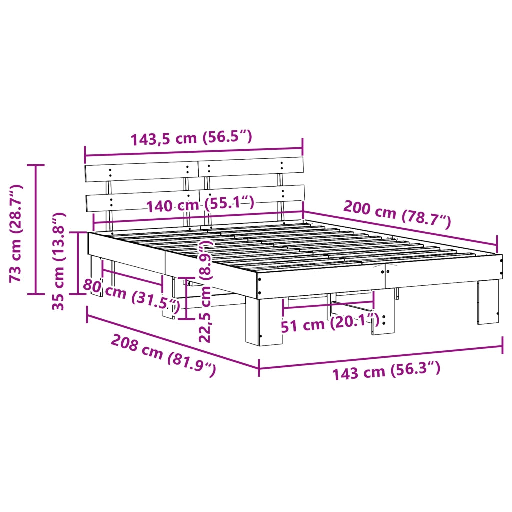 Struttura Letto con Testiera Bianco 140x200 cm Legno Massello di Pino