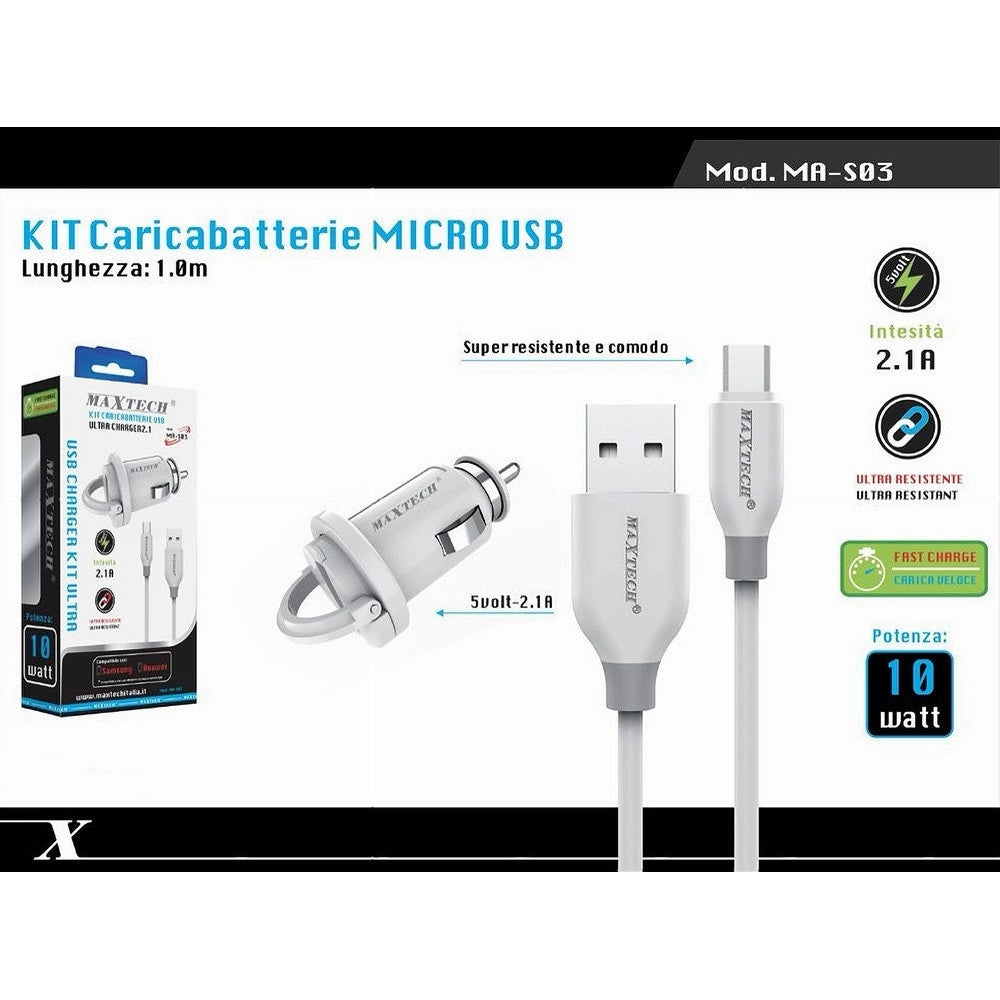 Trade Shop - Kit Caricabatterie Caricatore Da Auto + Cavo Micro Usb 1mt 10watt Maxtech Ma-s03 -