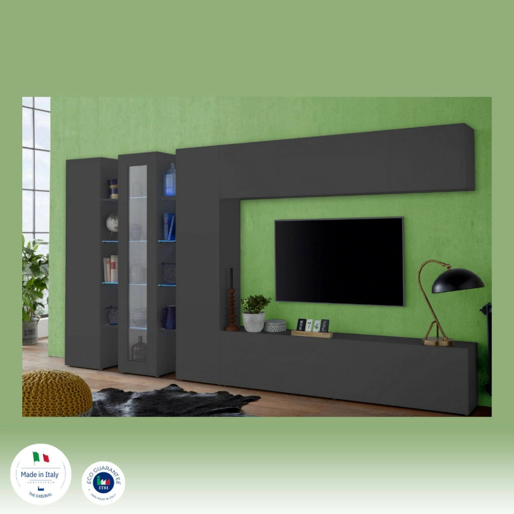 Parete attrezzata Bellino, Set salotto porta TV, Mobile soggiorno con vetrina e luce LED, 100% Made in Italy, cm 320x30h180, Antracite