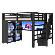 Letto a soppalco 140 × 200 cm 2 posti con scrivania, LED regolabile e USB, senza materasso, metallo nero
