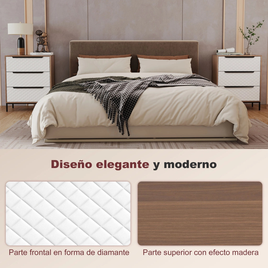 Com¨° con 3 Cassetti in Tessuto Effetto Diamantato ¨C Zephmum ¨C Bianco e Naturale 60x40x40