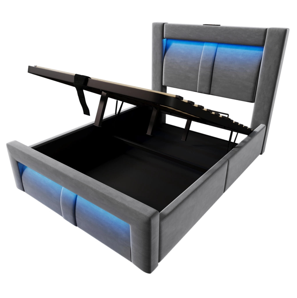 Letto singolo 90x200 cm con contenitore; LED; porte USB e USB C; velluto grigio