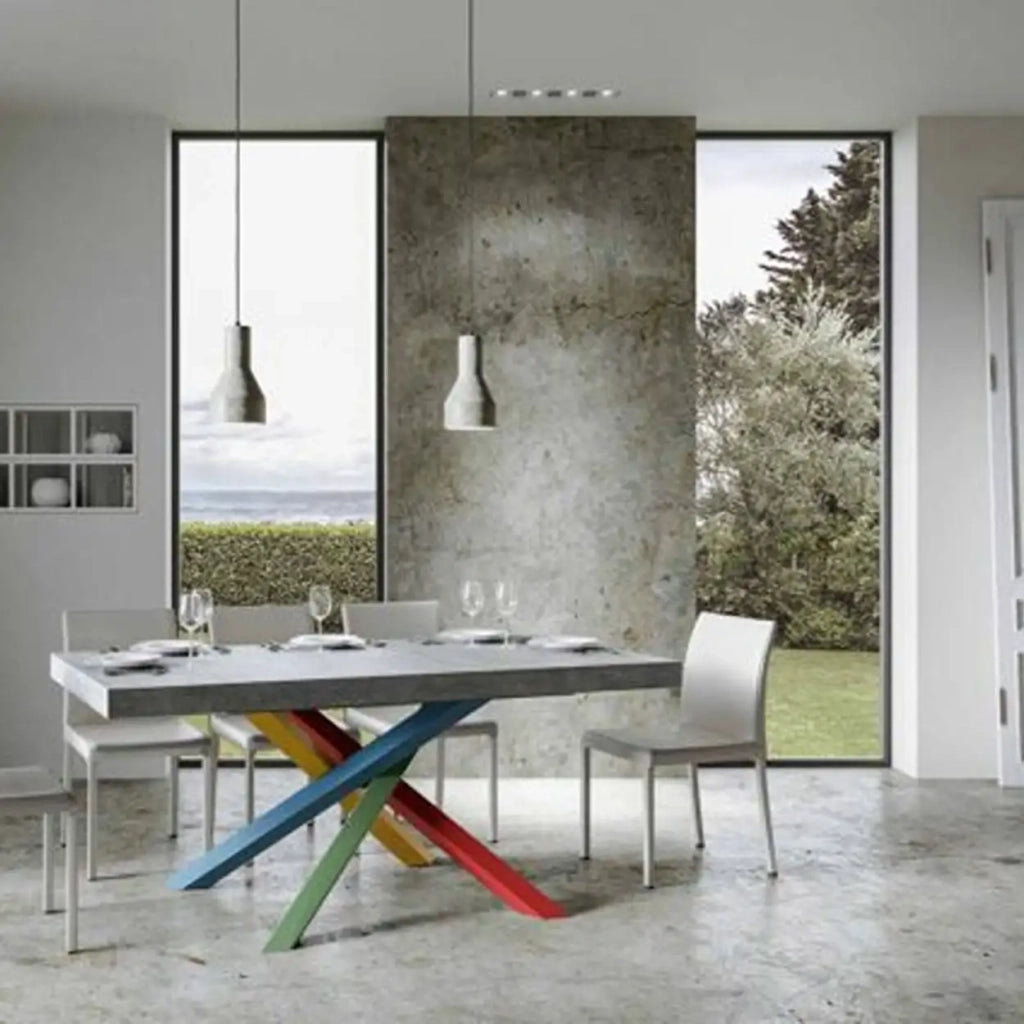 Tavolo allungabile 200/304x90 cm Volantis colore cemento gambe multicolore 4/B